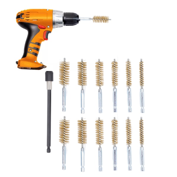 13 Pcs Bore Brush Set 8mm 10mm 12mm 15mm 17mm 19mm Diameter 1/4in Shank Drill Cleaning Brushes with 15cm Extension Rod Brass Wire (Yellow)