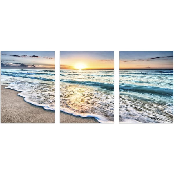 3 Panel Beach Canvas Wall Art för Heminredning Blå Hav Solnedgång Whi