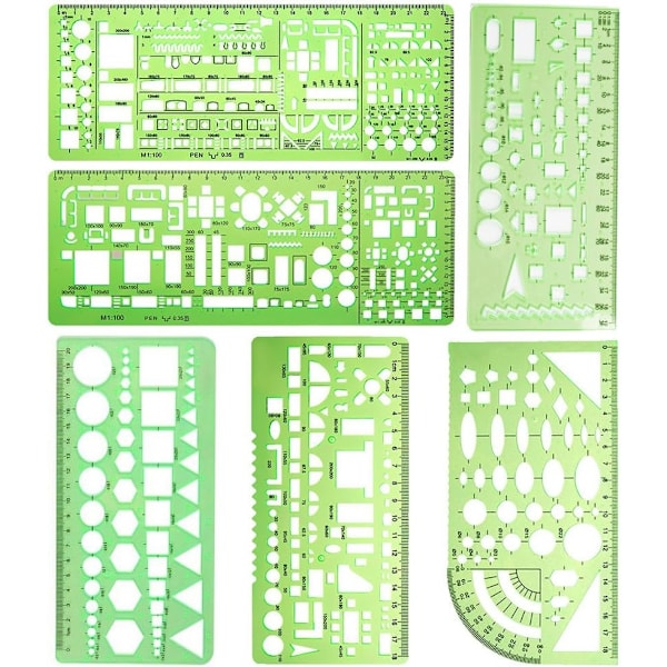 Professionella Genomskinliga Gröna Geometriska Linjaler i Plast, Arkitektoniska Symboler Guide, Ritmallar för Husplansritning, Kompakt Design för
