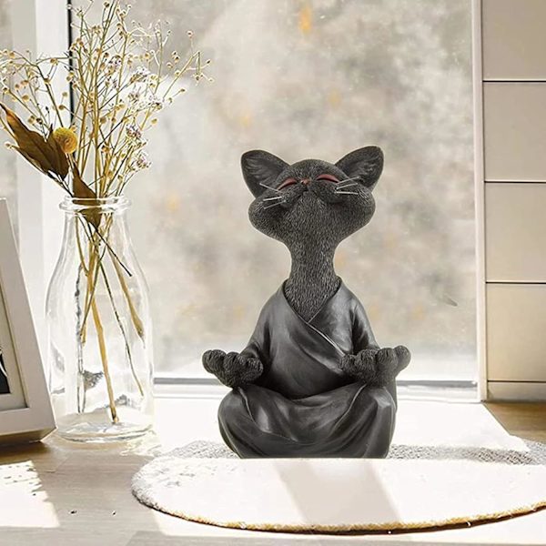 Sort Buddha Kat Samlerobjekt Yoga Meditationsfigur, Glad Kat