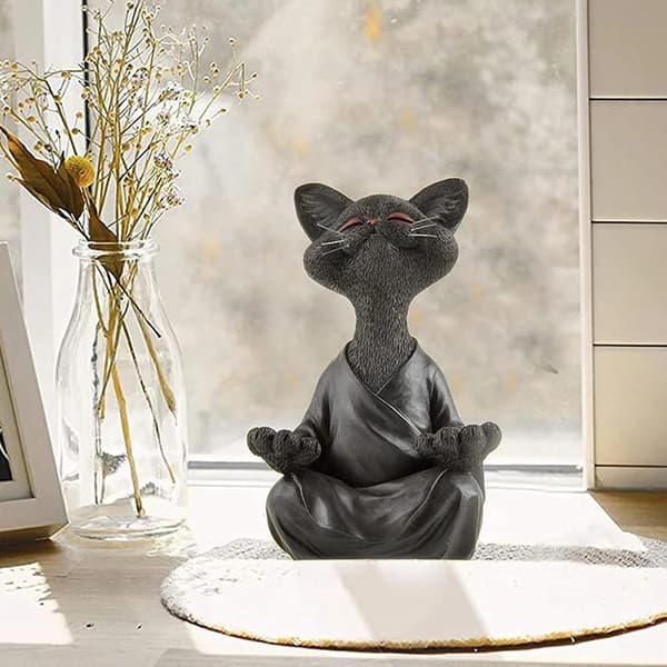 Svart Buddha Katt Samlarobjekt Yoga Meditation Figur, Glad Katt
