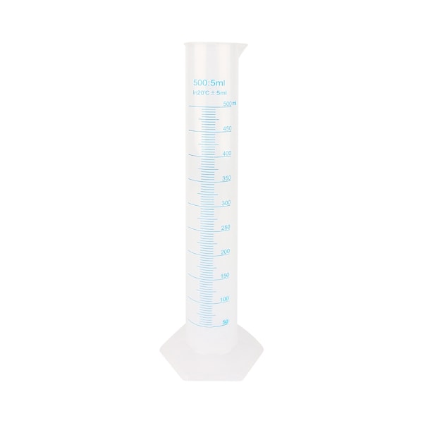 Mångsidig graderad cylinder i plast, idealisk för laboratorietester och hushållsbruk, bred kant underlättar enkel påfyllning (500 ml)