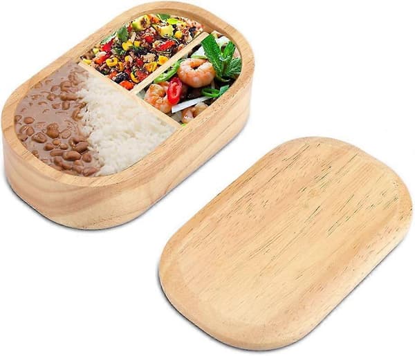 Bento-boks i tre, japansk matboks med skillevegg for voksne og barn (rektangulær modell)