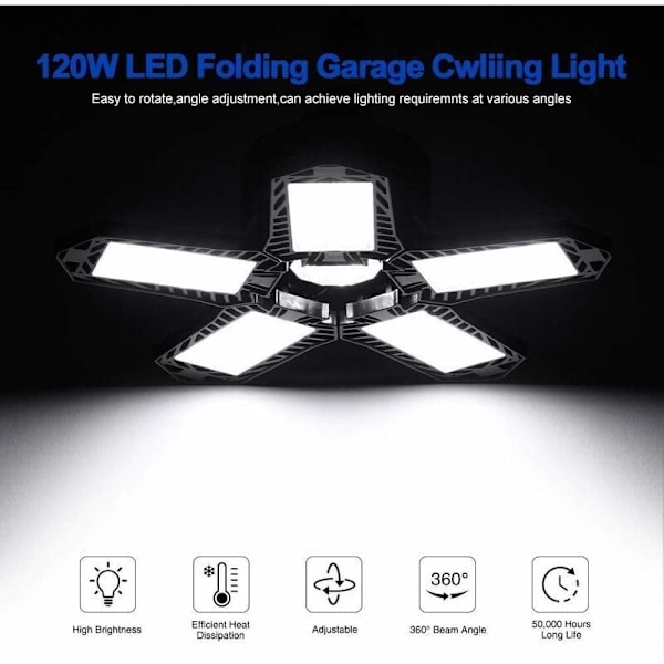 Ultraljusstark LED-garagebelysning, justerbara paneler för 360° täckning, 120W 12000 Lumen deformerbar superljus garagelampa, verkstadslampa med
