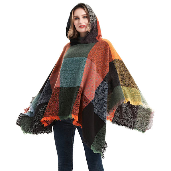 Dame Plaid Hetteskjerf Kappe Teppe Poncho Hetteskjerf