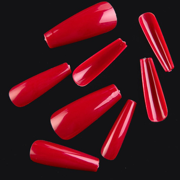 Helt klistermärke för nagelmanikyr, bär lång balett falska nagelplåster enfärgad T-nagel Red