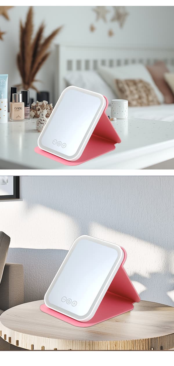 Pink LED-belyst foldbart studenter-opladnings-makeup-spejl – ideelt til kollegieværelser, skriveborde og rejser