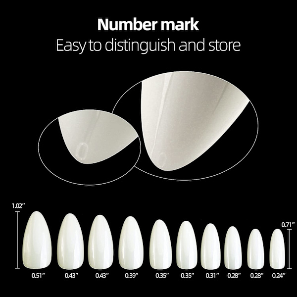 Mandelformade akrylnaglar - 500 st falska nagelspetsar fullständiga