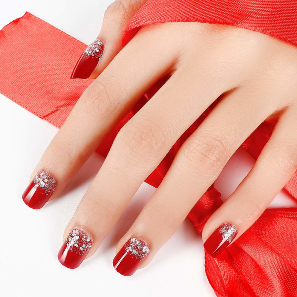 24 st False Nail Glitter Dekorerade Solid Röd Kort Fyrkant Full False Nails Tips (röd glitter)