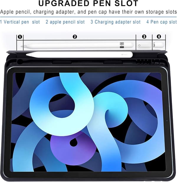 iPad Air 4 Deksel 10.9 Tommer [4. Generasjon] [Hjørnebeskyttelse] Multi-Vinkel Visning med Blyantholder, Støttefunksjon, Auto Våkne/Sov Black