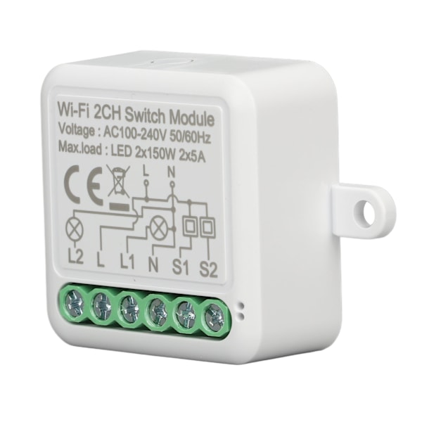 WiFi APP Fjernbetjening Kontakt Relæmodul WiFi 2CH Lyskontaktmodul til Tuya AC 100‑240V