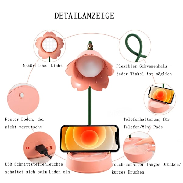 Blommig Bordslampa Med Batteri, Ögonvänlig, Justerbar Svanhalsdesign, Portabel Läslampa För Studenthem, Söt Lampa För Barn Och Högskolestudenter