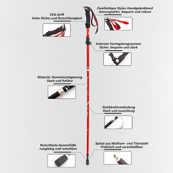 Vandrestave - Nordiske Stave (Unisex), Sammenklappelige Stave (Teleskop), Ultralette Stave (Korte)