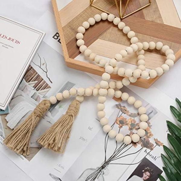 58In/st Farmhouse Beads Träpärla Garland Rustik Prayer Beads Boho-pärlor med tofsar Väggning Hängande girland för rustik lantlig inredning$Träpärla