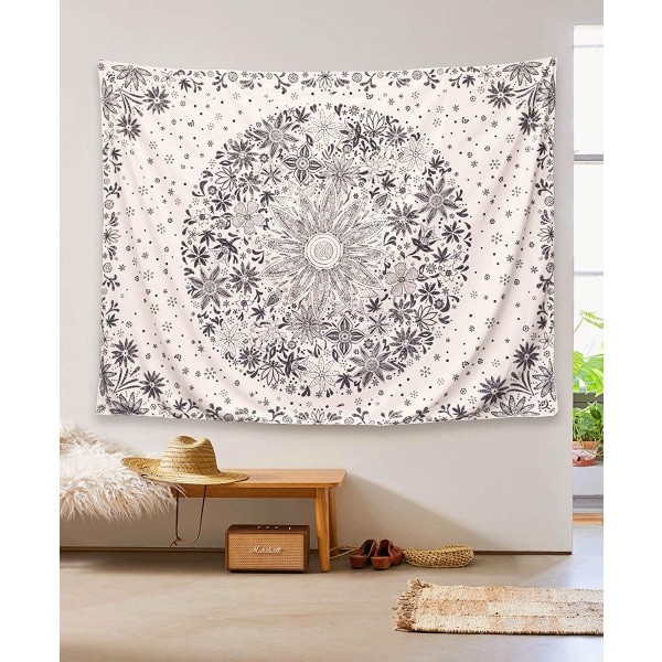 Bohemian veggteppe, beige og hvit blomsterveggteppe med