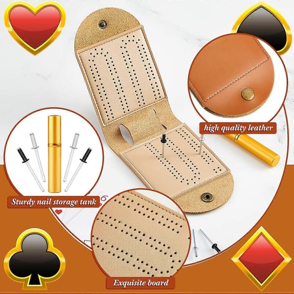 2 sæt bærbart Cribbage-brætspil i læder, rejsespil, hvert sæt med 4 metal-pinde, 1 mini-Cribbage-bræt, 2 baner