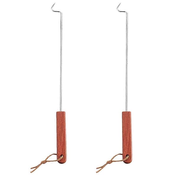 2 stk kjøttkrok i rustfritt stål med trehåndtak, grillkrok, matvender