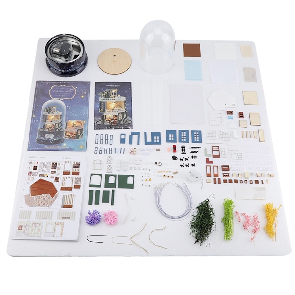 Perfekt DIY-gåva Alla hjärtans dag-present, handgjorda dockhus giftfria material, DIY miniatyrdockhus-kit med LED-ljus musikdosa plastdammskydd,
