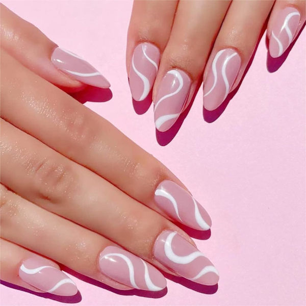 24 stk. Glatte Tryk-på-Negle, Luvehandicraft Medium Stiletto Falske Negle, Falske Negle med Lim til Kvinder og Piger (Glanset Pink Hvirvel 3)
