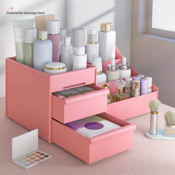 Pink Makeup Opbevaringskasse i Plastik 26,5x16x12cm Kosmetik Skuffe Opbevaringsboks Multifunktionel Opbevarings Skuffer til Badeværelsesbord