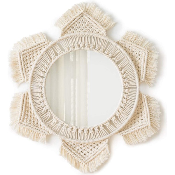 Hængende væg spejl med macrame frynser rund boho spejl kunst De