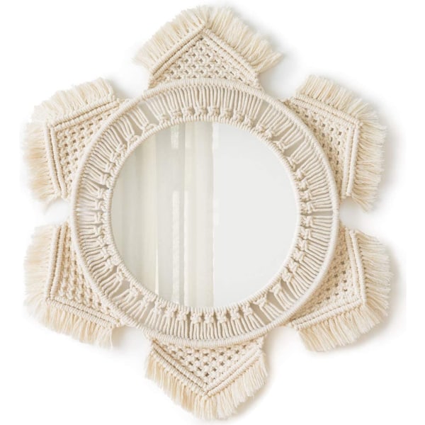 Seinälle ripustettava makrame-reunallinen pyöreä boho-peili