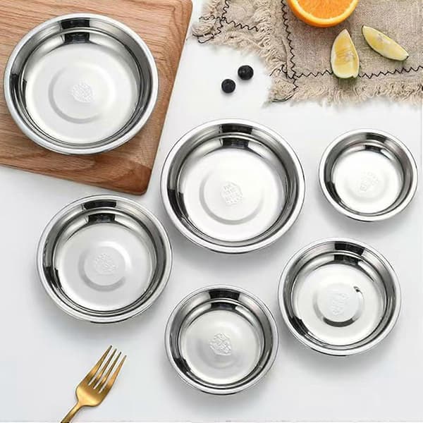 4-pack serveringsbrickor i rostfritt stål med runda doppskålar, stapelbara rostfria desserttallrikar