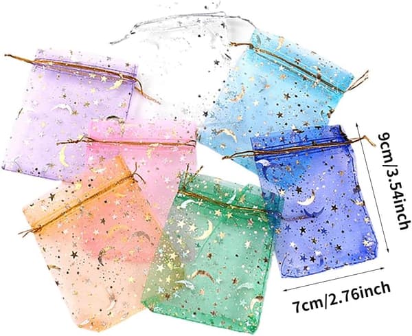 100 STK. (Multifarvet, Størrelse: 9x7 cm) Måne Stjerner Organza Gavepose