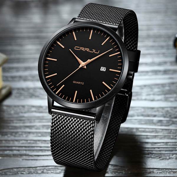 Herrklocka Ultra tunn Vattentät Armbandsur Herr Mode med Svart Rostfritt Stål Armband Mesh Analog Kvarts Business Herrklockor