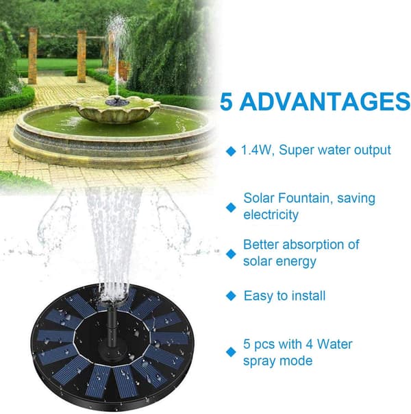 Solvattenfontänpump, 1,4W solvattenfontän, 5 olika