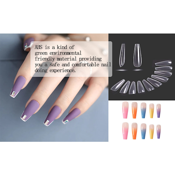 500 st Acrylic Konstgjorda Naglar Toppar Falska Naglar, Naturliga Nageltoppar med Klar Box, Lång Kistform, 10 Storlekar