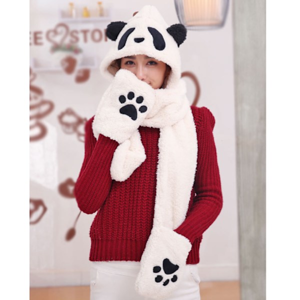 Vinter Panda Lue Skjerf Hanske Sett for Kvinner, Varm Dame Siamese Hettegenser