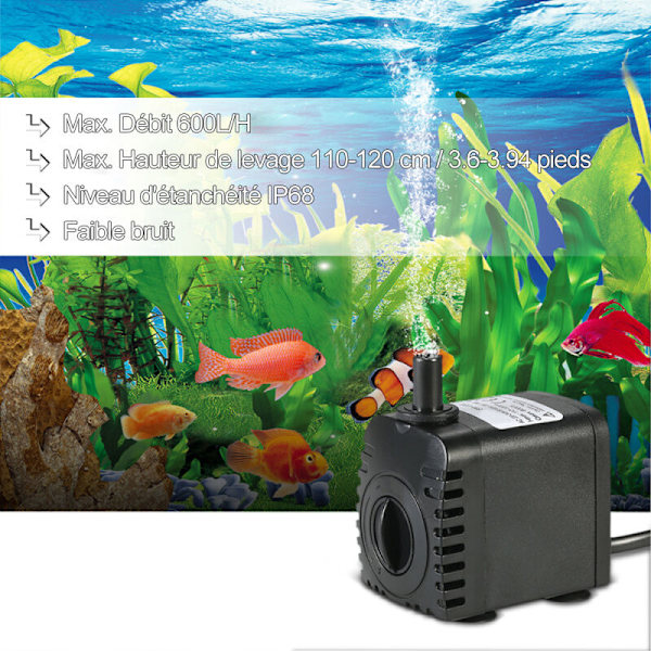 600L/H 8W Nedsänkbar pump för trädgårdsdamm, fontän och hydroponiskt system, med 2 munstycken, AC220-240V