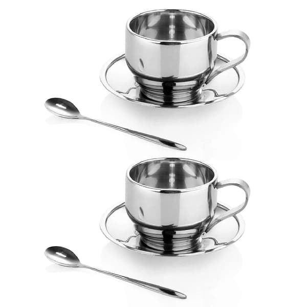 2x Rustfri Stål Kaffekopper Sæt / Kaffesæt / Tekopper Sæt / Tesæt, Kaffekopper Med Underkop