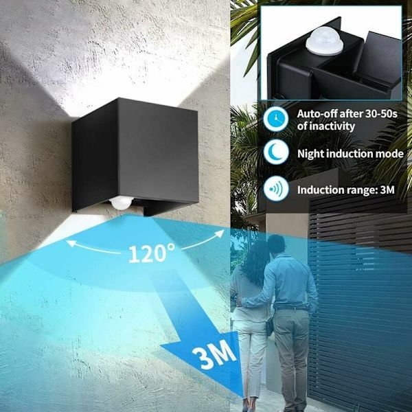 Vegglampe 12W IP65 Vanntett 6000K Kald Hvit Justerbar Vinkel LED Svart med Bevegelsessensor