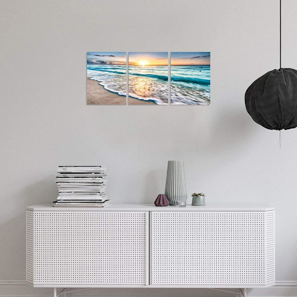 3 Panel Beach Canvas Wall Art för Heminredning Blå Hav Solnedgång Whi