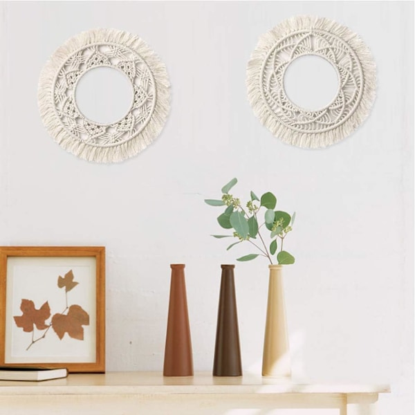 Dekorativa Macrame Cirkelspeglar, Handvävd Boho Väggkonst Med Toppfrans Förhöjer Varje Vardagsrum, Perfekt För Lägenhet Och Studentrum,