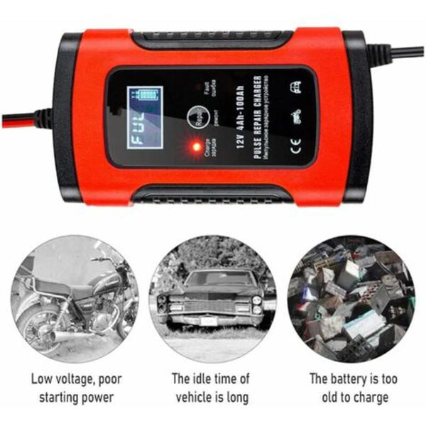 Batteriladdare, Bärbar Smart Bilbatteriförstärkare, Batteriladdare för Motorcykel/Bil med Multipelskydd, Laddning, Underhåll och