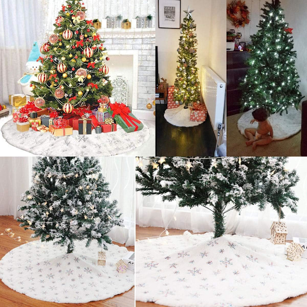 Nytolkad Julgransmatta, Paljett Snöflinga &amp; Snövitt Fuskpäls För En Vinterdröm, Dubbellagersdesign (122 cm)