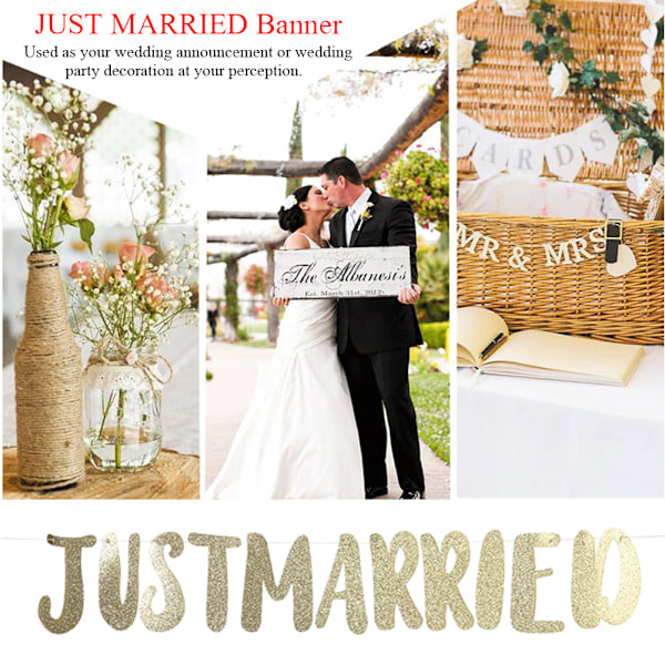 JUST MARRIED Banner Bunting Bogstav Streamer Brudebruser Bryllup Dekoration (Guld)