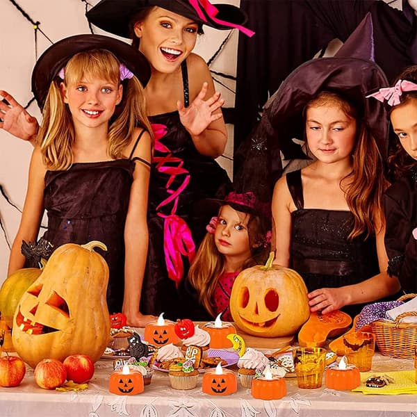 Flimrande värmeljus, hållbara pumpa-värmeljus för Halloween-tema