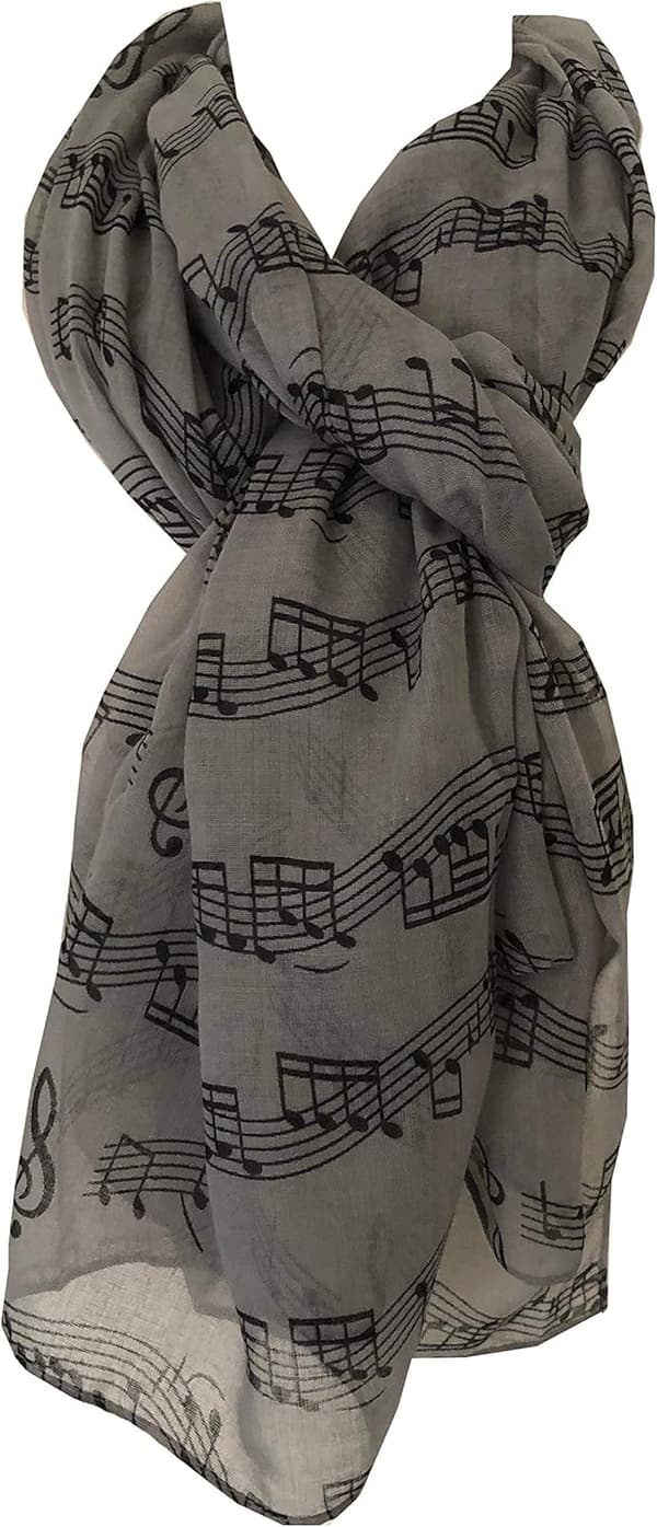 Grå scarf med svart notdesign. Vacker och mjuk scarf, varm