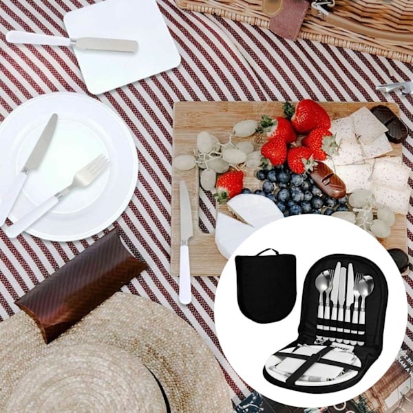 Camping Bestick och Picknicktallrikar Set för 4, Återanvändbara Hållbara Rostfria Bestick, Bekvämt Förpackade i en Organizer Väska, Perfekt För