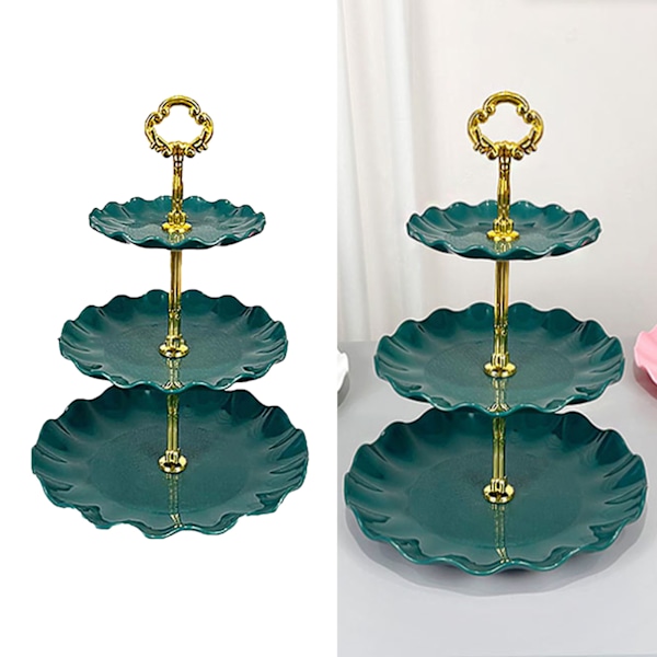 Återanvändbar hållare för tebjudningar och evenemang, elegant vågformad kantdesign, multifunktionell och dekorativ, mörkgrön, 3-vånings serveringsbricka