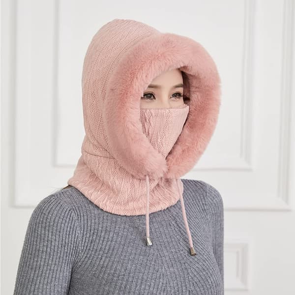 2 i 1 Vintermössa Stickad Mössa Varm Mössa Cirkelsjal Set Balaclava Vinterstickad Mössa med Fleecefoder för Kvinnor Vindtät Mössa Kylskydd Skidmössa Rosa