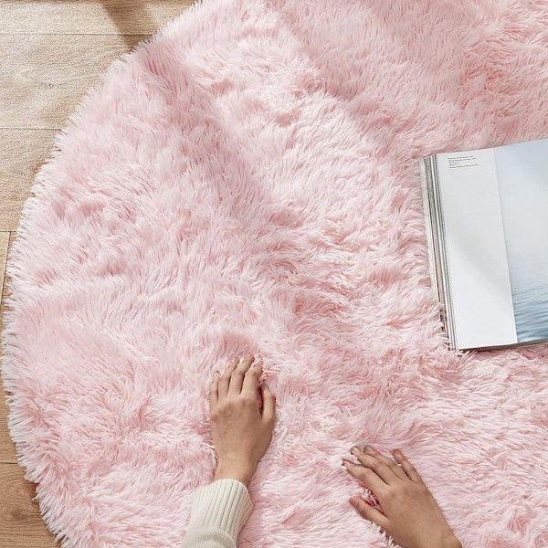 Rosa rund matta för sovrum, fluffig cirkelmatta 140 cm för barnrum, lurvig matta för tonårsflickors rum, lurvig cirkel - rosa