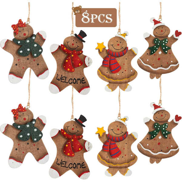 Pepparkaksgubbe Ornament, Perfekt för Familjetid, Julgransdekorationer i Trä med Blandade Figurer, Bedårande Handflatstorlek (8 st)