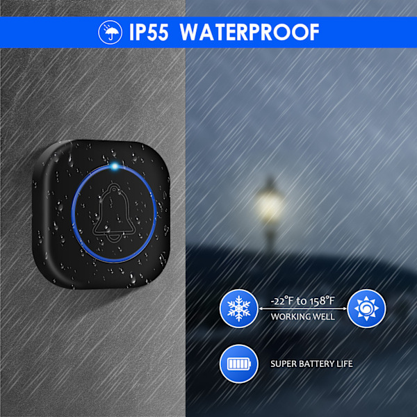 Funkdørklokke 300m rekkevidde Dørklokke Trådløst sett Klingel Haustür Plug-in IP55