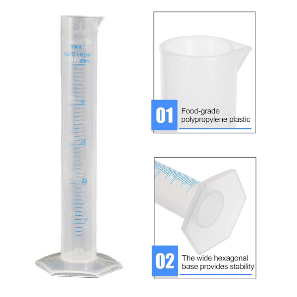 50 ml plastmättcylinder Mätcylinder med blå skala för vätskor, lämplig för laboratorier