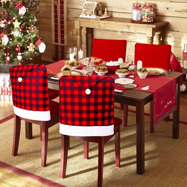 1 st Julstolsryggöverdrag Jul Tomtehatt Stolsöverdrag Buffelpläd Jul Matsalsstol Skydd Elastiskt Gingham Stolsöverdrag för